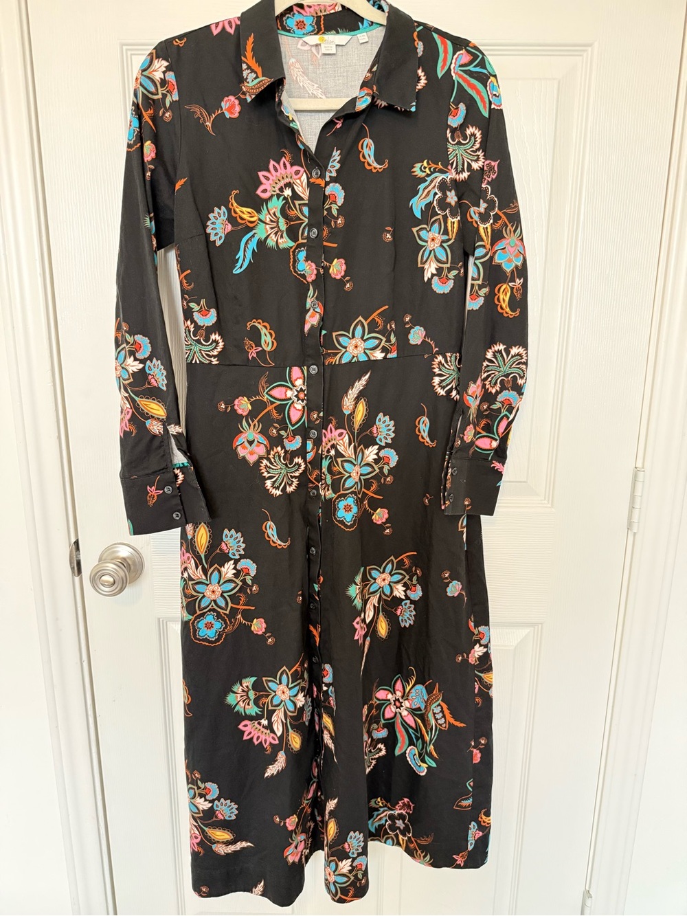 Boden Women's Black Floral Button Front Long Sleeve Midi Shirt Dress 8L